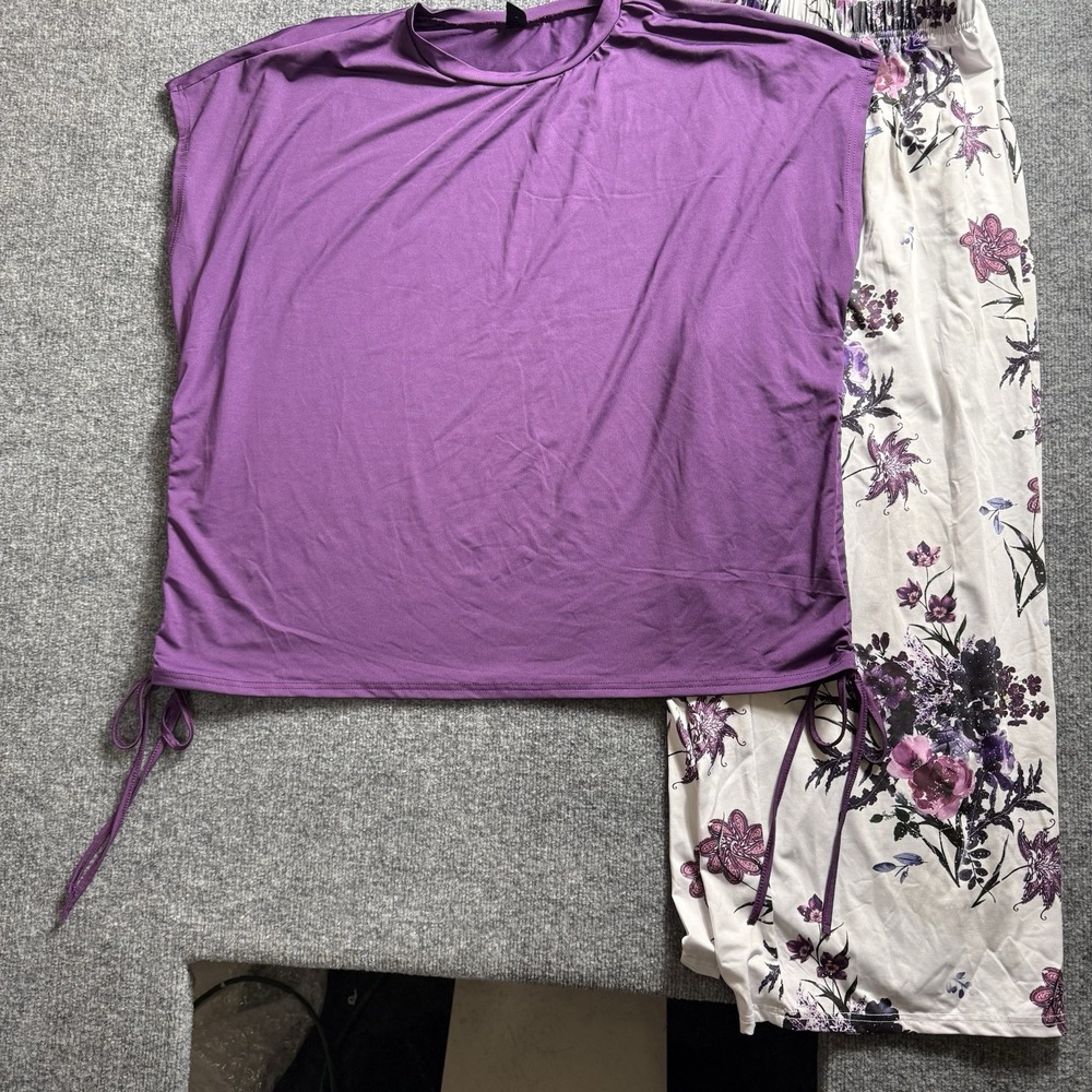 Womens Purple Floral 2 Piece Set Drawstring Ruched Top Wide Leg Lounge Pants 4X